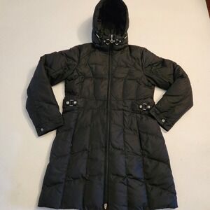 Larry Levine Women Black Down Puffer Coat Long Hooded Quilted Winter Jacket